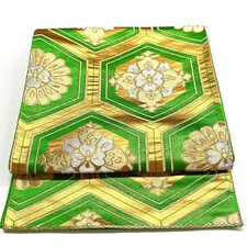5301# Ceinture Kimono Japonaise Vintage Fukuro Obi Tissu Soie Vert Traditionnel