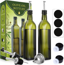 Dark Green Olive Oil Dispenser Set - 500ml Carafe with Pourers & Labels (2 Pack)