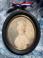 Ancien dessin miniature portrait femme du peuple cadre bois noirci Napoleon III