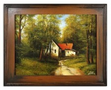 Des Cabane dans la Forêt - Peinture À L'Huile Peint à Main - avec Cadre 37x47cm