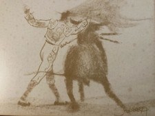Beau Dessin Fusain José CORREA Tauromachie 1960 Animal Taureau Art Arène Vache