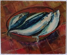 TABLEAUX HST XX EME  NATURE MORTE POISSONS HARENGS MAQUEREAUX  SIGNE MEATS