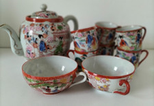 Ensemble à thé vintage japonais – 1950–1970 – décor de geishas peint main