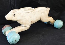 Jouet à tirer ancien 1930 Lapin en bois peint sur roue