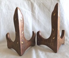 2 Supports Soucoupes Photos Prèsentoirs Bois Décor Feuilles Incrustation Laiton 