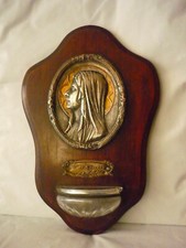 vintage French holy water font, Lourdes plaque silver plated 