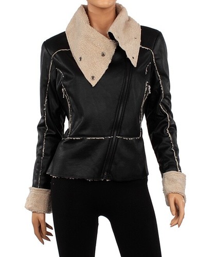 Black faux leather shearling - ,