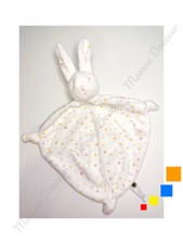 Doudou Plat/Mouchoir Triangle Lapin Blanc Fleur/Etoile Rose Jaune Noeud Bouchara