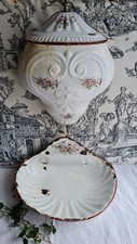 ANCIENNE FONTAINE EMAILLEE FORME COQUILLAGE DECOR DE FLEURS 