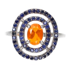 Bague En Argent Sterling 925 Ovale Orange Opale De Feu Saphir Bleu Bijoux