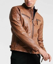 Blouson moto homme rétro marron vintage cuir d'agneau véritable