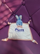 Doudou Plat Lapin PICOT Carré Blanc Vichy Carreaux Mouchoir 4 Noeuds TTBE