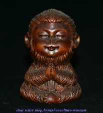 2.4 " Old China Boxwood Wood Carved Folk Seat Monkey King Sun Wukong Statue