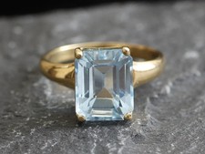 Bague de fiançailles halo aigue-marine taille émeraude 3,55 ct or jaune massi...