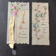 2 Images Pieuses Peintes Sur Rhodoïd Communion Ruban Ancien HOLY CARDS Santino