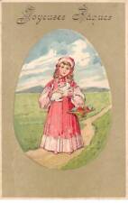 Pâques - n°80440 - Joyeuses Pâques - Jeune fille portant un lapin, et un pa
