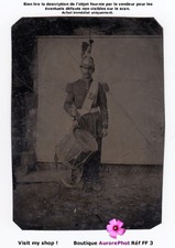 MILITAIRE MUSICIEN TAMBOUR, RÉGIMENT DRAGONS ? FERROTYPE 8X11, 1865  -F3