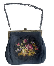 Sac Pochette Minaudière Vintage Tapisserie Noire Brodée de Fleurs