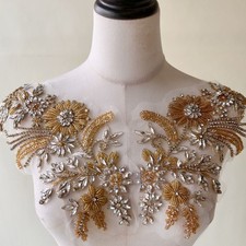Miroir Paire Strass Applique Perles Or Cristal Patch pour Mariage Fête