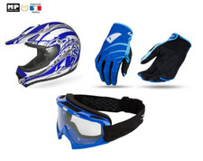 Pack Casque Homologué + Gants + Lunette  CROSS Bleu/Blanc Taille L