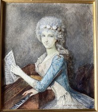 Dessin Aquarelle Ancienne Portrait D’une Élégante Au Piano XIXEME