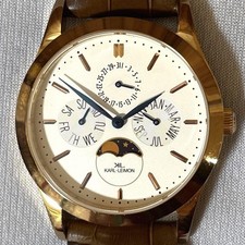 Montre KARL-LEIMON triple calendrier phase de lune blanc marron or aiguilles ...