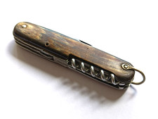 Couteau ancien tire bouchon multi-usages 6 pièces manche corne 10,5cm vintage