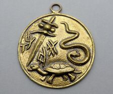 Antique Large Medal. Turtle, Snake, Spear, Good Luck. Asian Pendant.