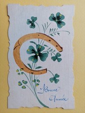 CPA Toilée PEINTE à la MAIN Hand Painted FER à CHEVAL TREFLES Chance Bonne Année