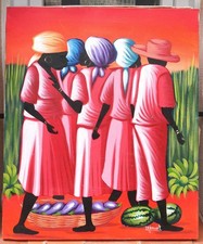 grand tableau haïtien signé Robert: scène de marché