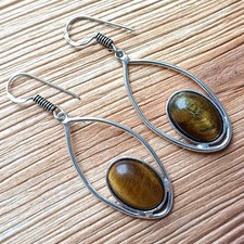 Vente boucle d'oreille pendant goutte pierre précieuse oeil de tigre en argen...