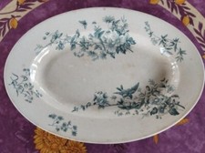 Plat Ovale ancien Faience de Longwy Modèle Mignon Décor Floral et Oiseaux 36,5cm