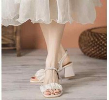 Sandales Femme Confortables 6 Cm Beige Perles Élégantes Cuir Synthétique 76765