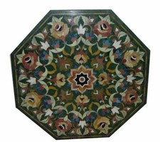 Table De Centre En Marbre Vert Avec Incrustation De Pierre Dura Artisanale 36"