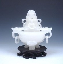 White Jade Crafted Tripod Incense Burner Dragon Heads Loose Rings Dragon Handles