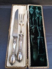 Ancien service a découper la viande Gigot manches argent massif Poincons + boite