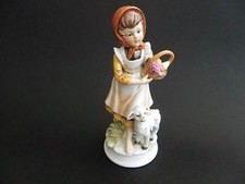 M R Figurine, Young Girl With Fruit Basket and a Lamb, 7" tall.