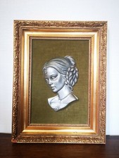 Ancien Vintage Grand Tableau Visage Femme Les Étains Du Prince 33x43cm Bois Doré