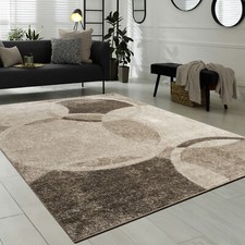 Tapis De Créateur Contemporain Avec Cercles Marbré Beige Noir Crème