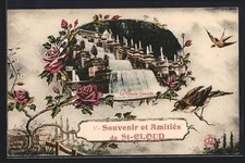 CPA Saint-Cloud, La Grande Cascade entourée de roses et d´oiseaux 