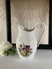 225⚜️ Ancien Broc Pichet en Tôle Émaillée Décor Fleurs Hauteur 25,5 Cm A Rémail