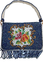 Ancienne Minaudière en Perlé Années Folles  Bleu Nuit à Fleurs Multicolores