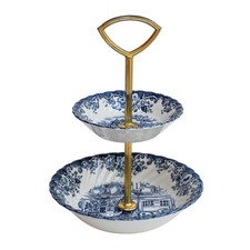 Plateau petit serviteur muet 2 étages porcelaine bleu beige métal doré Anglais