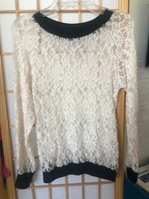Un Deux Trois white with black trim lace top for women size M