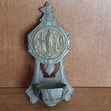 Crucifix Bénitier En Étain Et Cuivre Notre Dame De LOURDES, Signature 