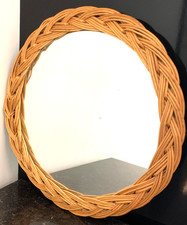 Miroir rond 43 cm, années 70, entourage en osier rotin vintage très bon état