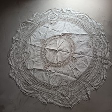 Ancienne Nappe Ronde En Coton Et Crochet Diamètre 120cm Vintage
