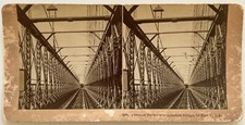 USA Un Train traverse le pont métallique suspendu c1900 Photo Stereo Vintage 