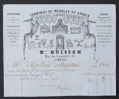 Facture 1863 limoges meubles - 1863,