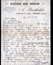 DINAN (22) TANNERIE / CUIRS en gros "A. BERTHELOT" en 1928